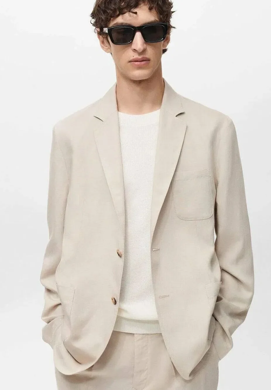 MNG by MANGO $250 Delave Smart Slim Fit Linen Lyocell Blazer Ecru Mens 42 NEW